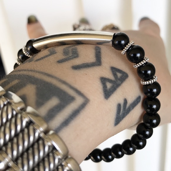 🔴 Genuine onyx gemstones beads silver bar boho stack bracelet - Picture 4 of 9